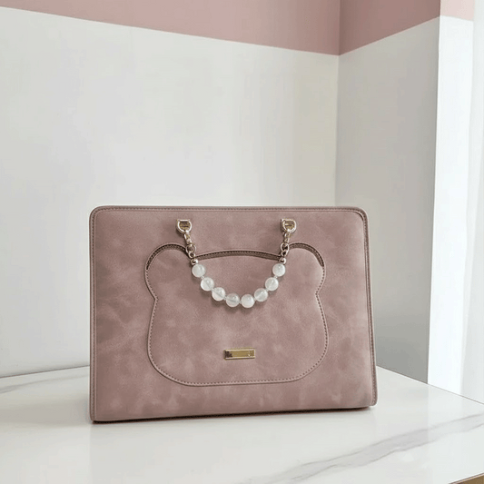 Elegant Blush Pink Laptop Bag with Pearl Handle – Stylish & Protective